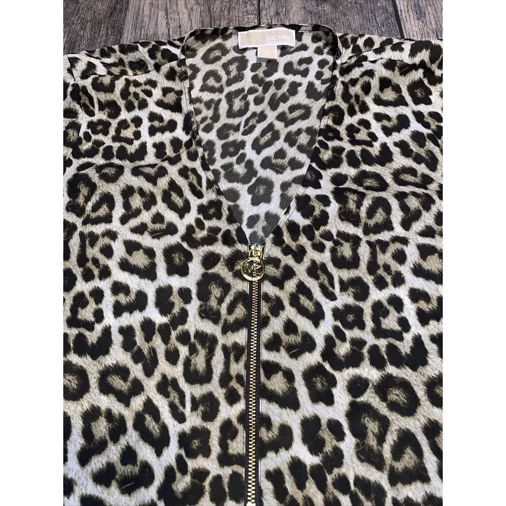 Women's MICHAEL Michael Kors Animal Print V Neck‎ Zip Shirt Sz 14 Polyester